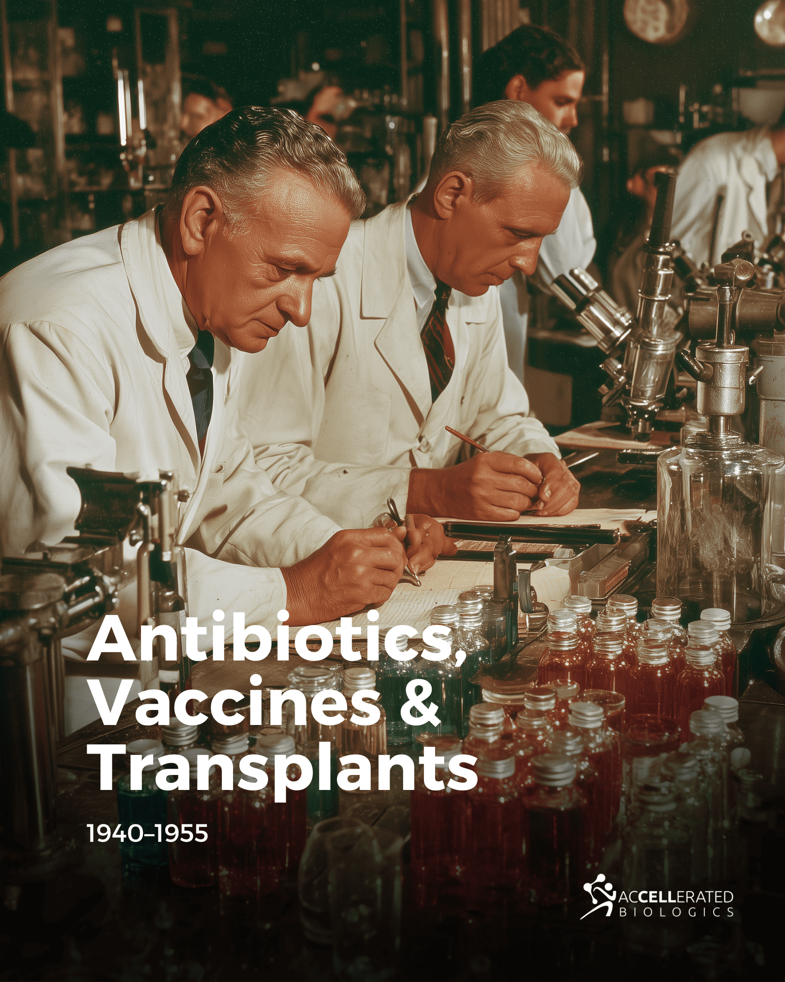 Researchers reviewing penicillin production samples in a mid-century laboratory